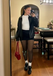 Black Leather Jacket with Mini Skirt