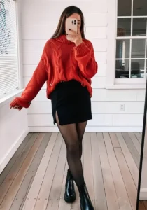 Cozy Red Sweater with Black Skirt
