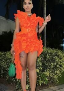 Orange Ruffled Dress with Sneakers