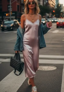 Satin Slip Dress with Sneakers