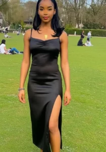 Sleek Black Satin Dress with Sneakers