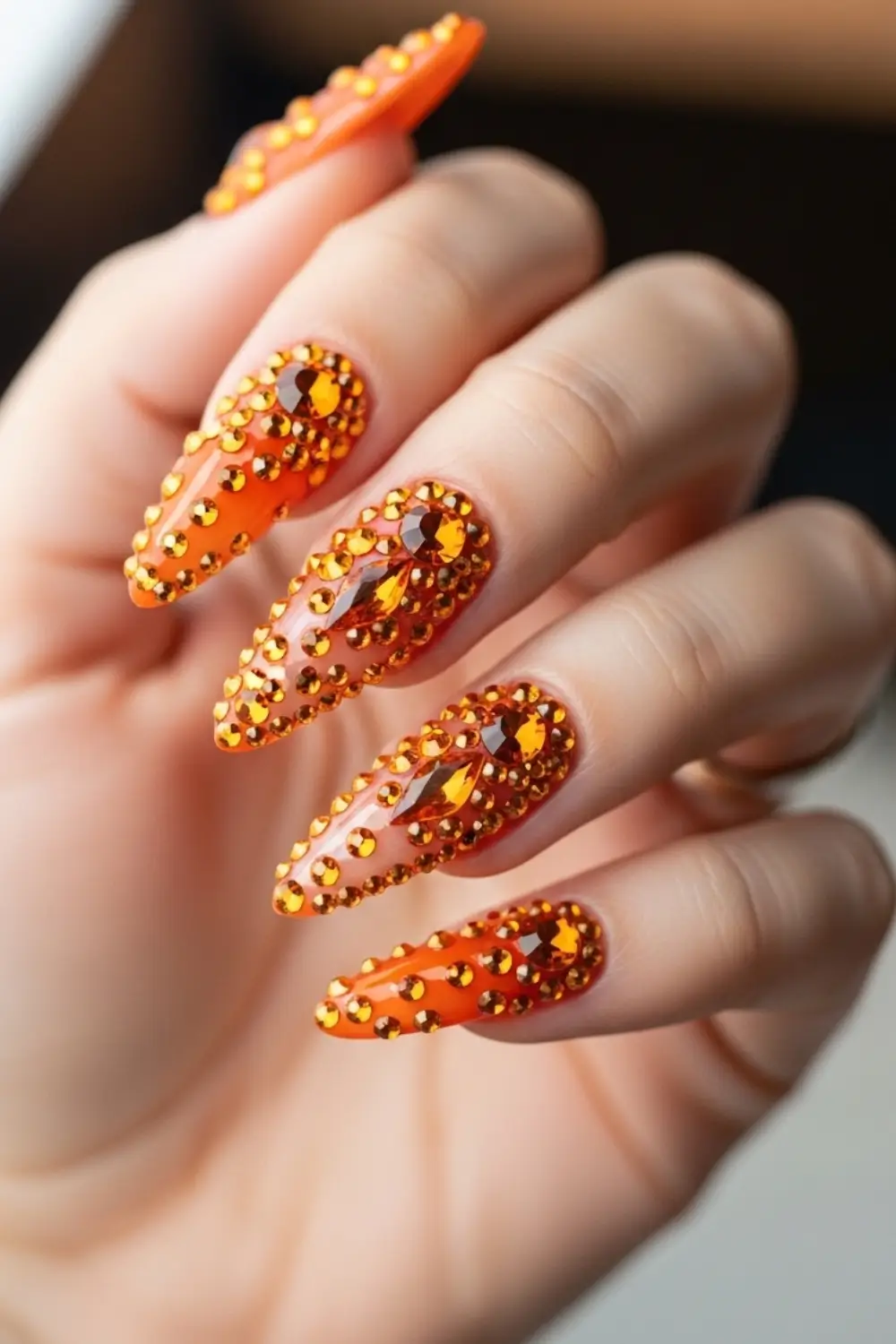 Orange Rhinestone Nail