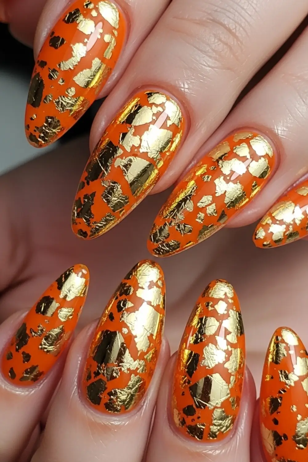 Orange and Gold Foil Nail
