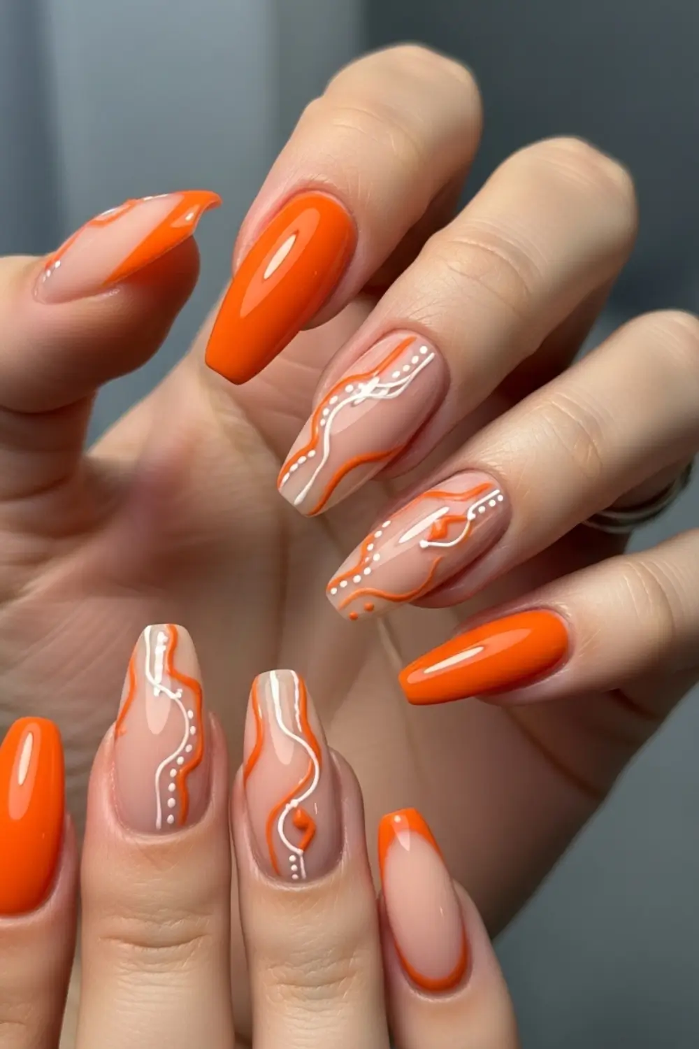 Orange and Nude Combination Nail