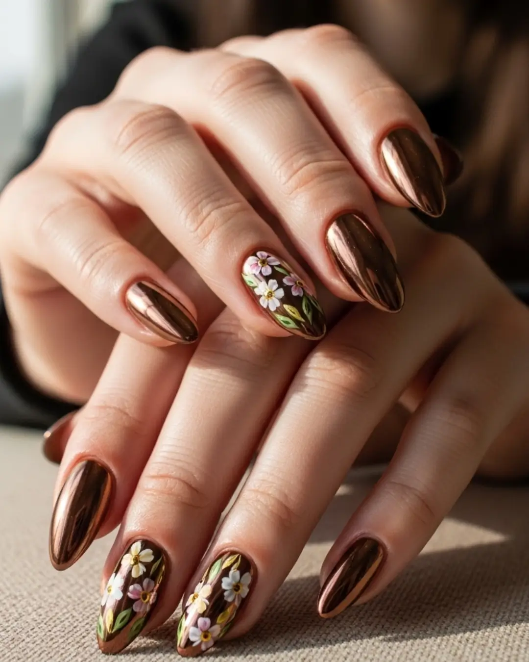 Brown Chrome Nails with Floral Art