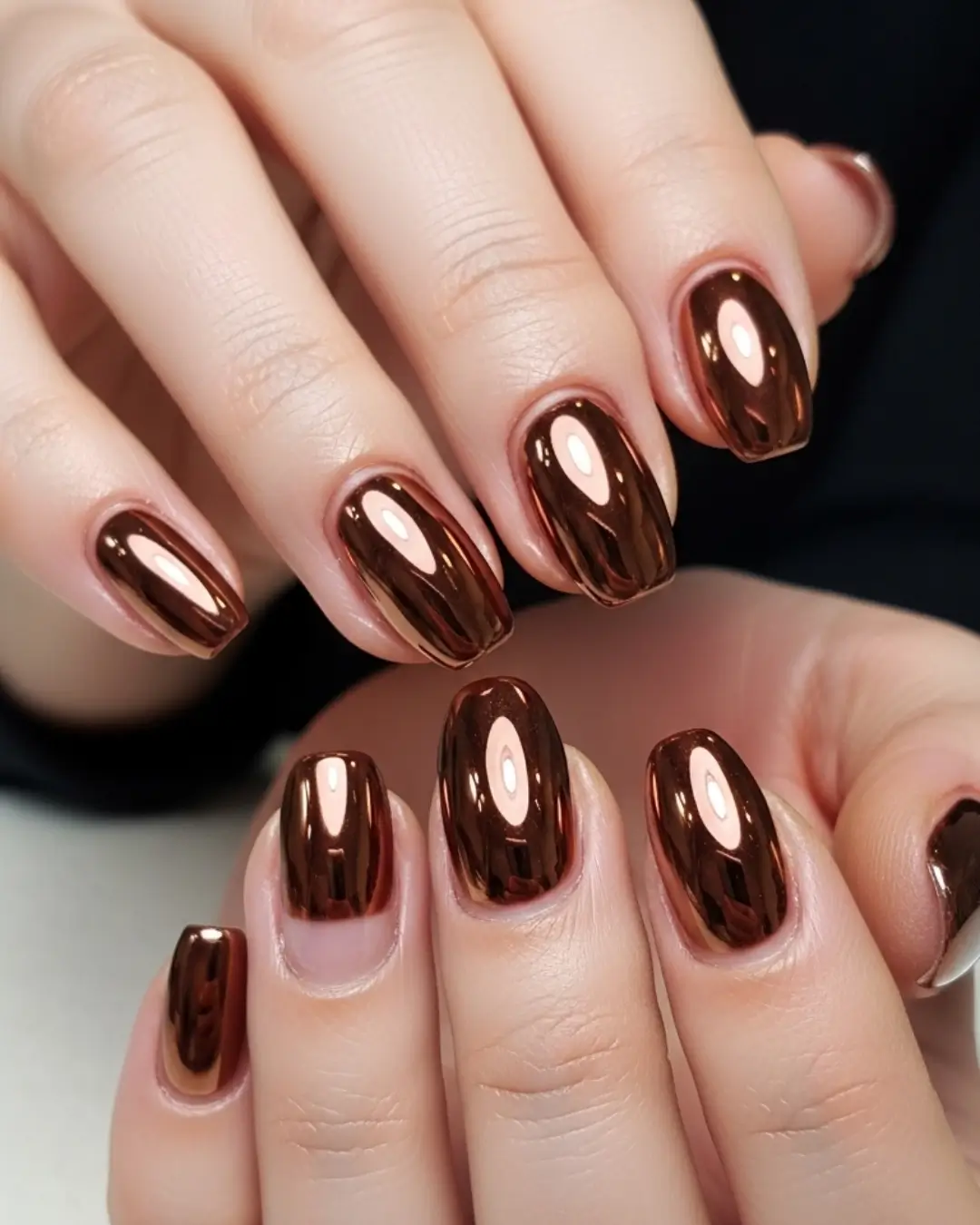 Brown Chrome Nails with Nude Base