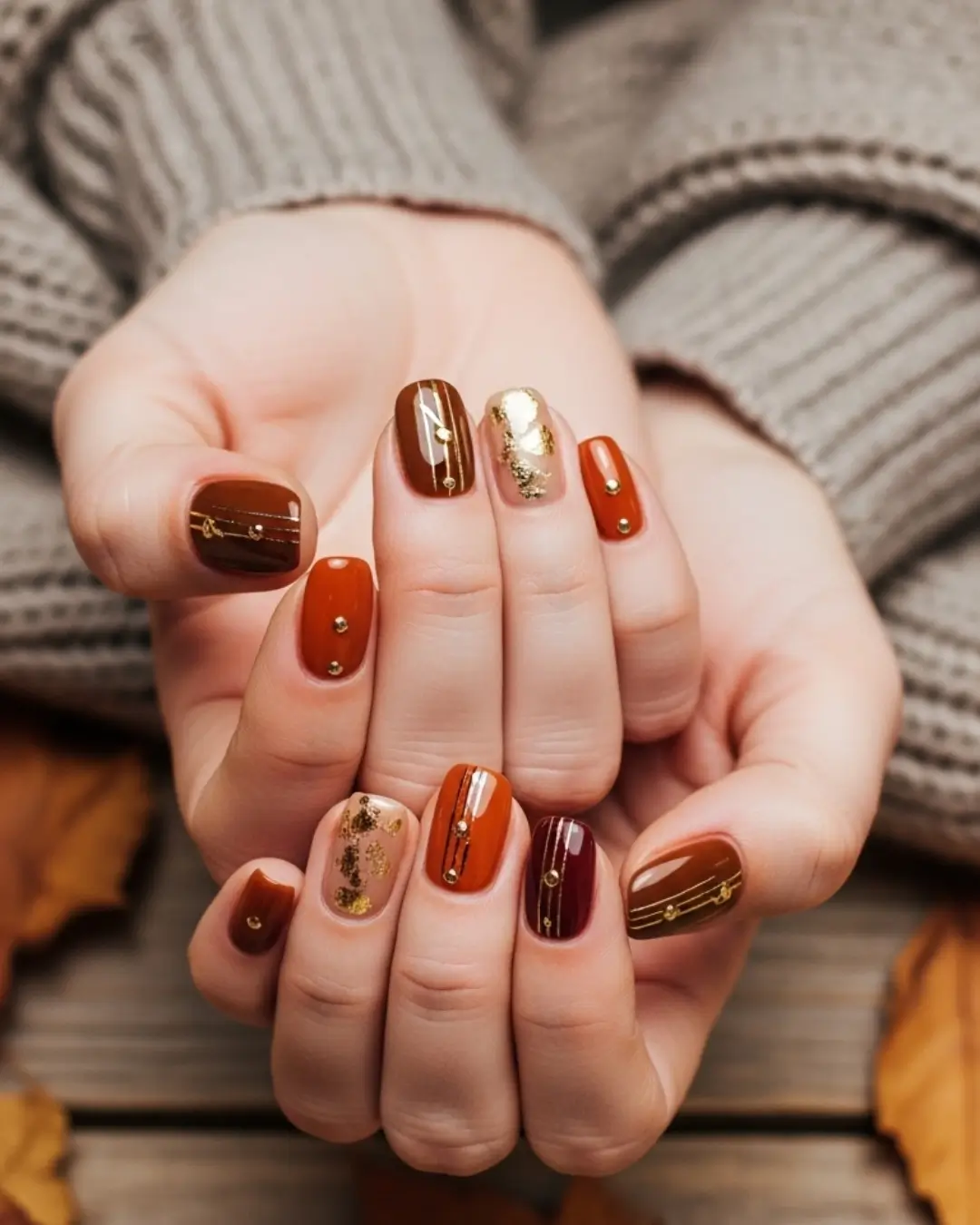 Brown Fall Nails with Gold Accents