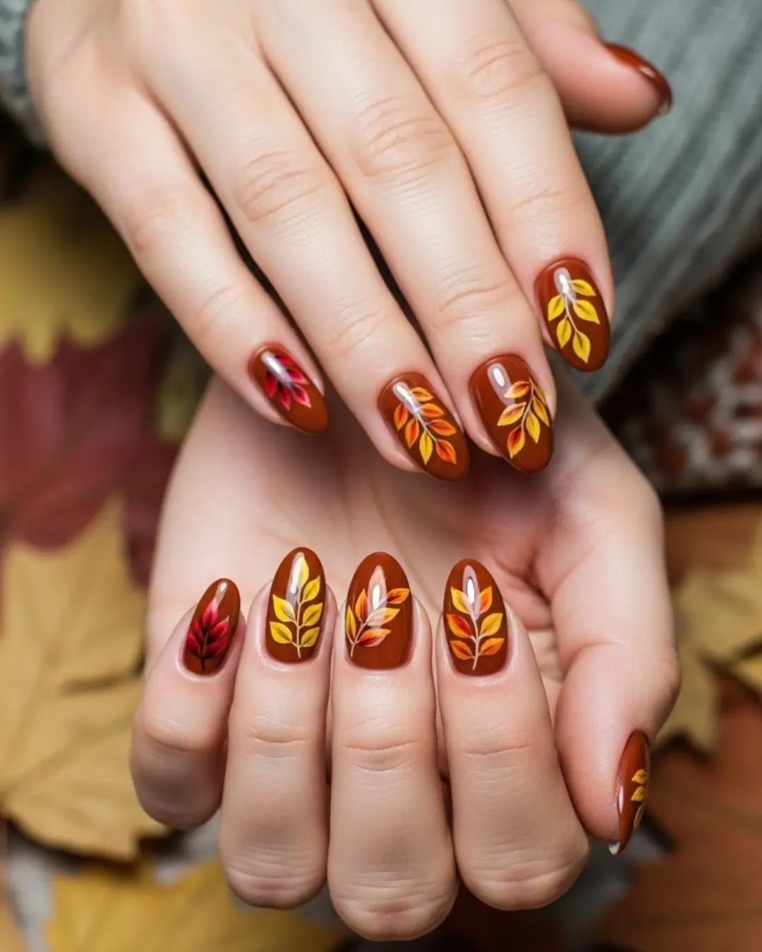 Brown Fall Nails with Leaf Accents