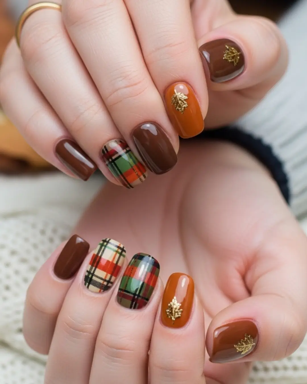 Brown Fall Nails with Plaid Pattern