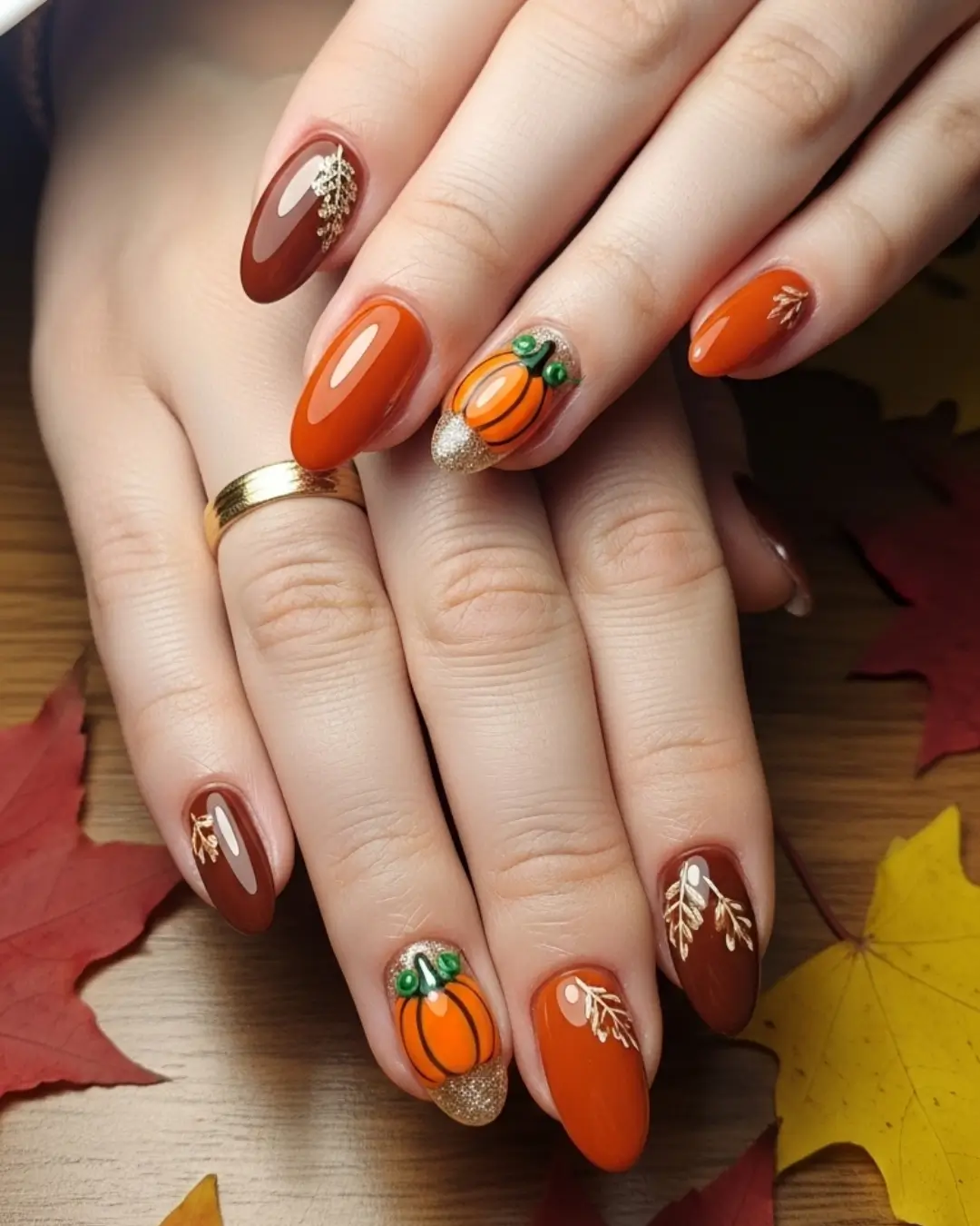 Brown Fall Nails with Pumpkin Accents