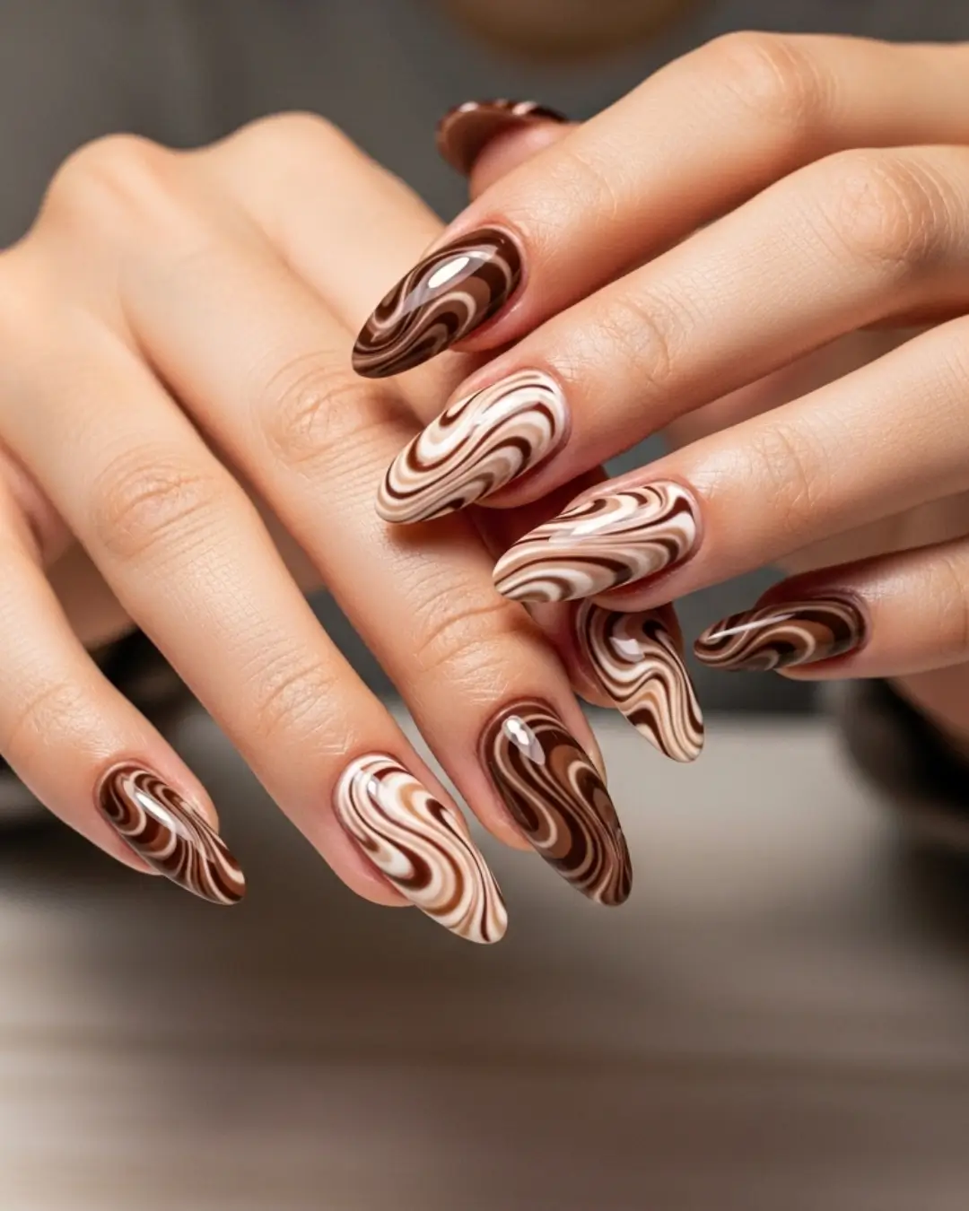 Brown and Cream Swirl Nails