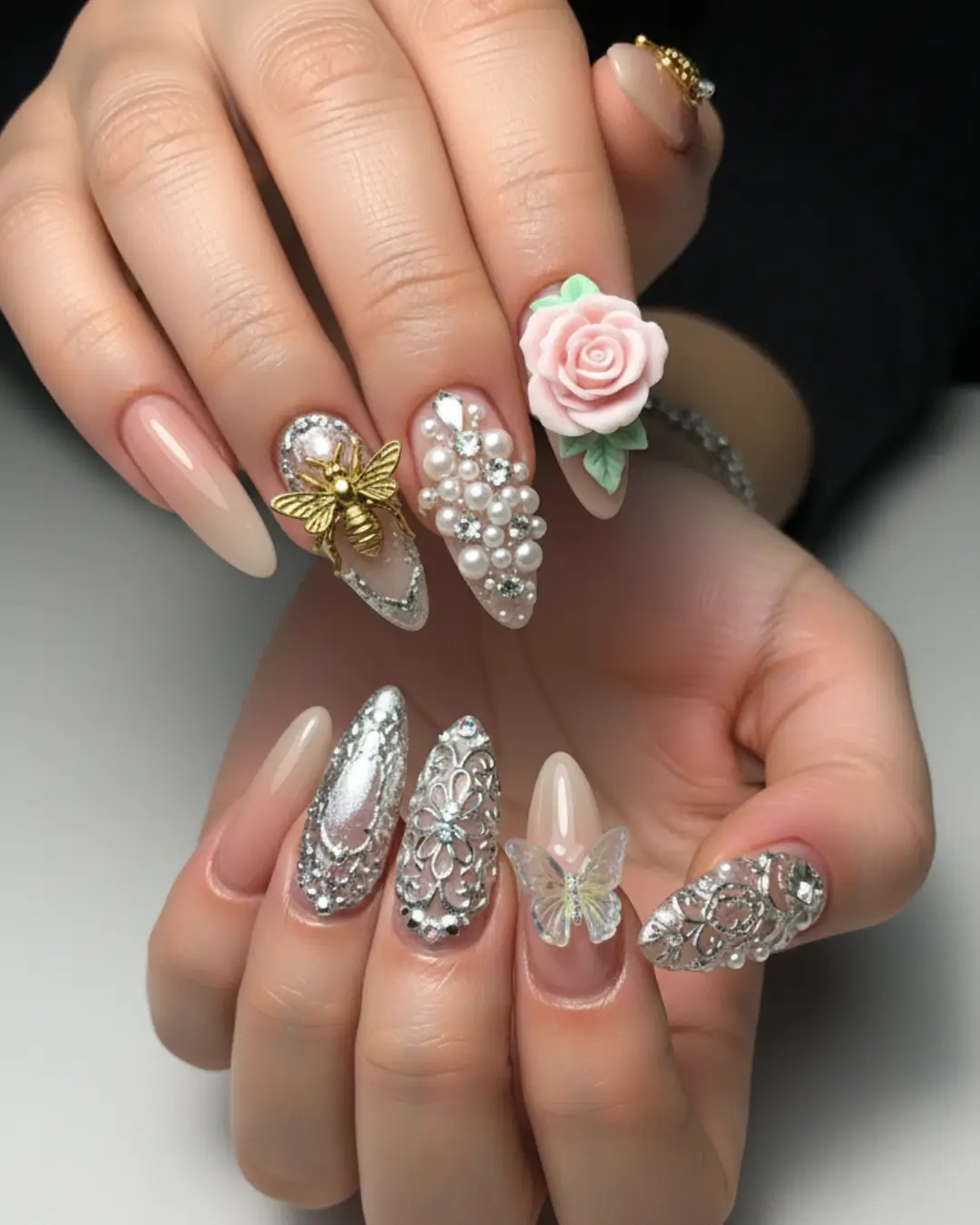 Long Almond Nails with 3D Nail Art