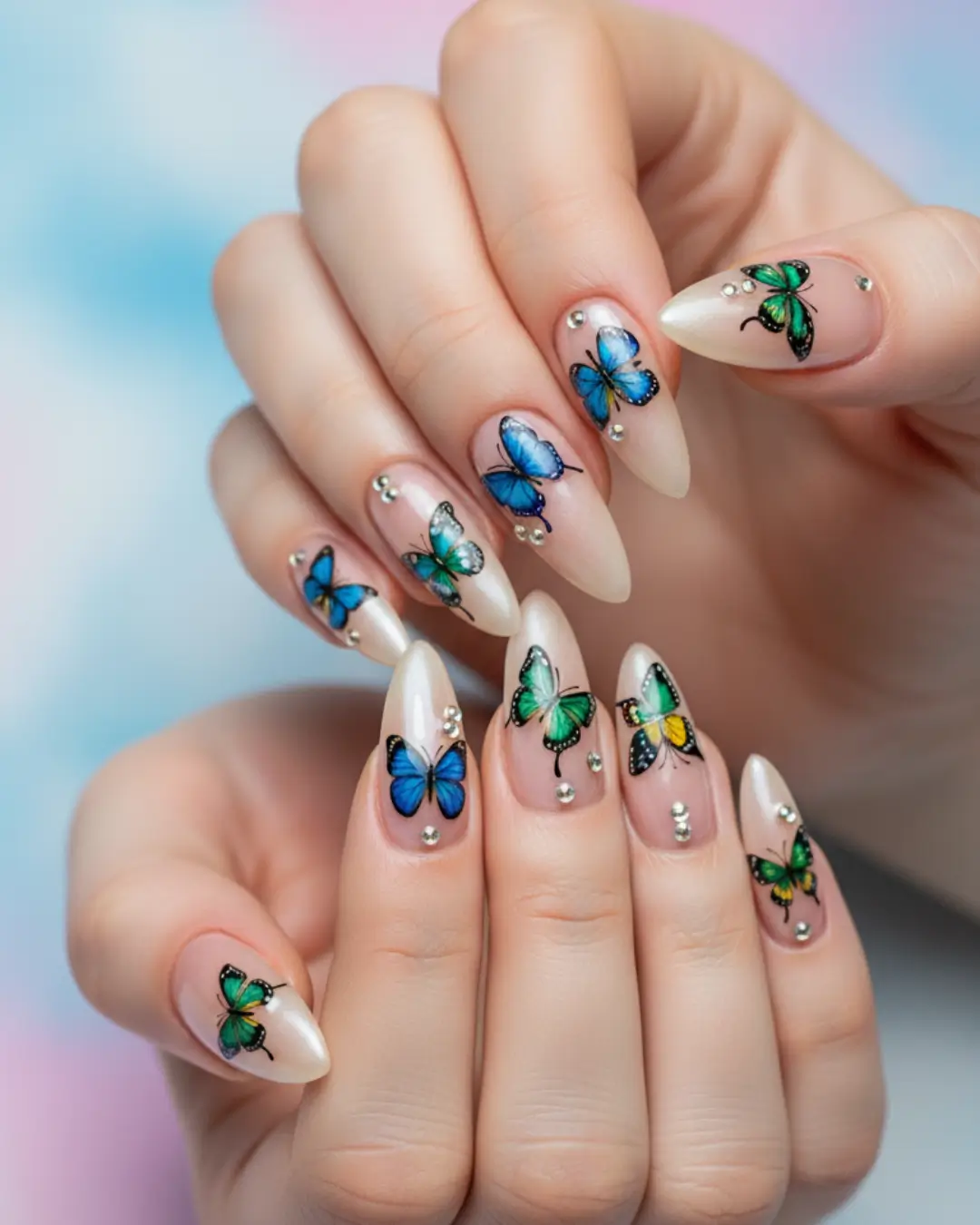 Long Almond Nails with Butterflies