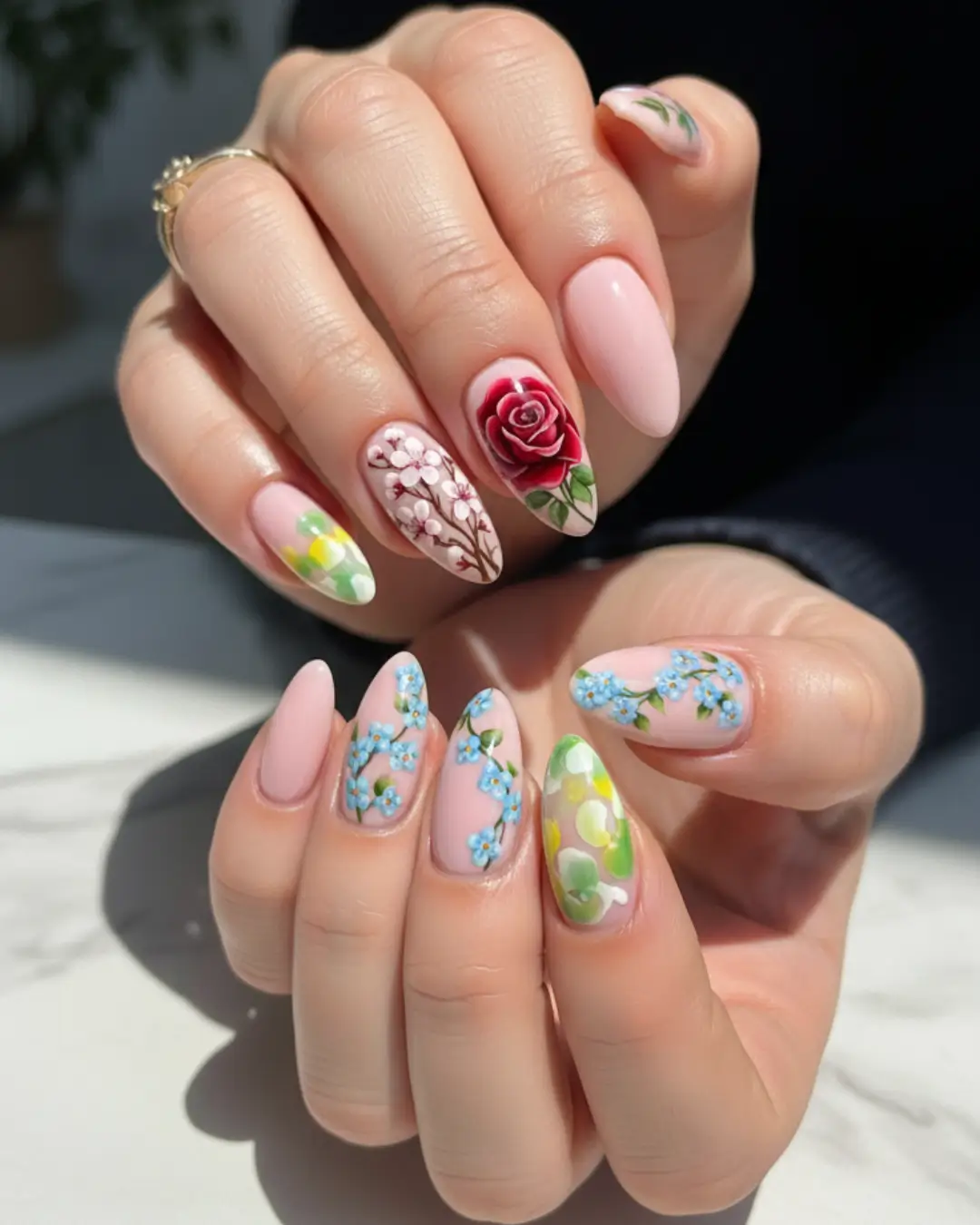Long Almond Nails with Floral Art