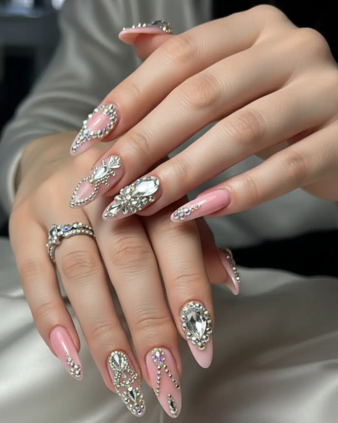 Long Almond Nails with Gems and Rhinestones