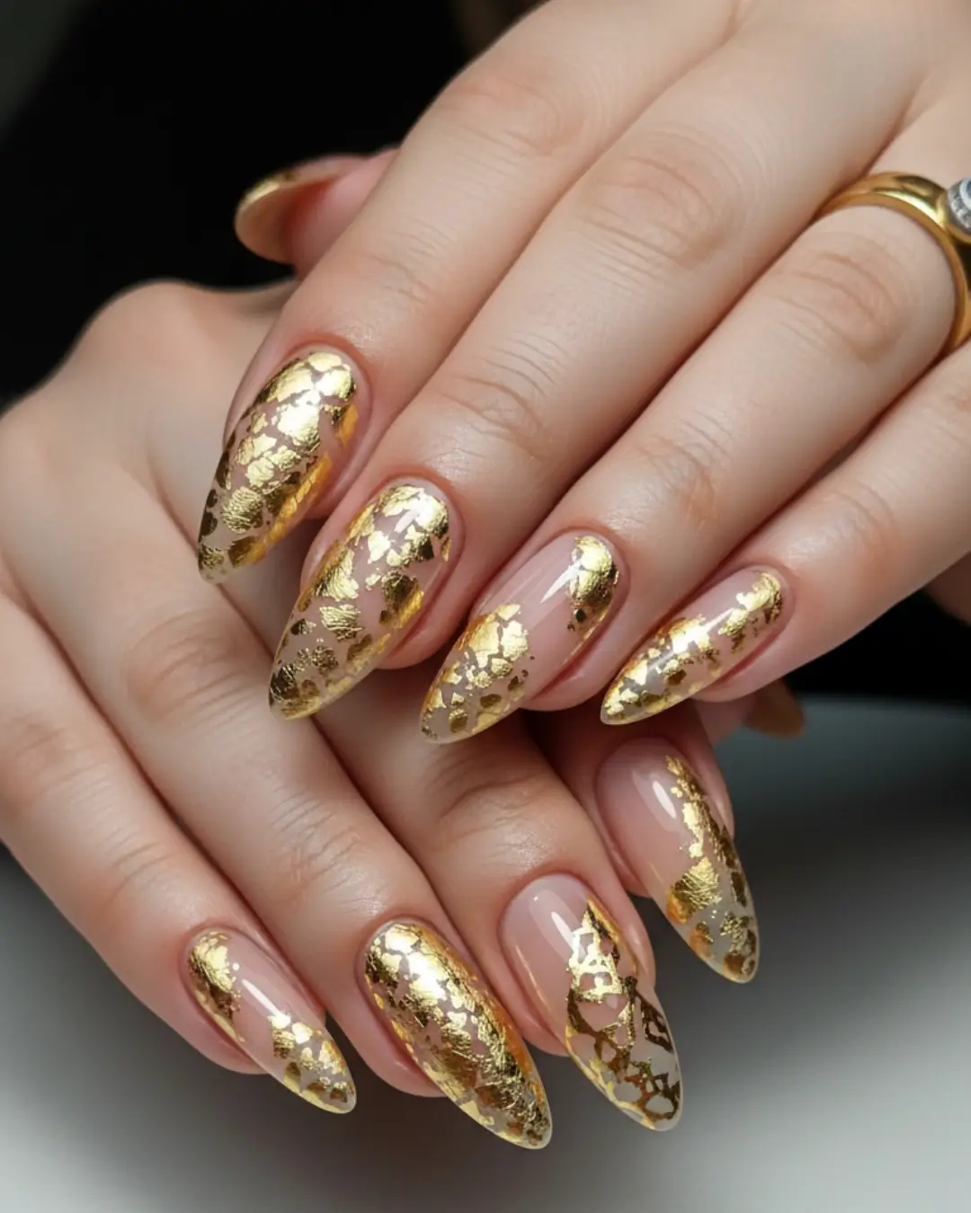 Long Almond Nails with Gold Foil