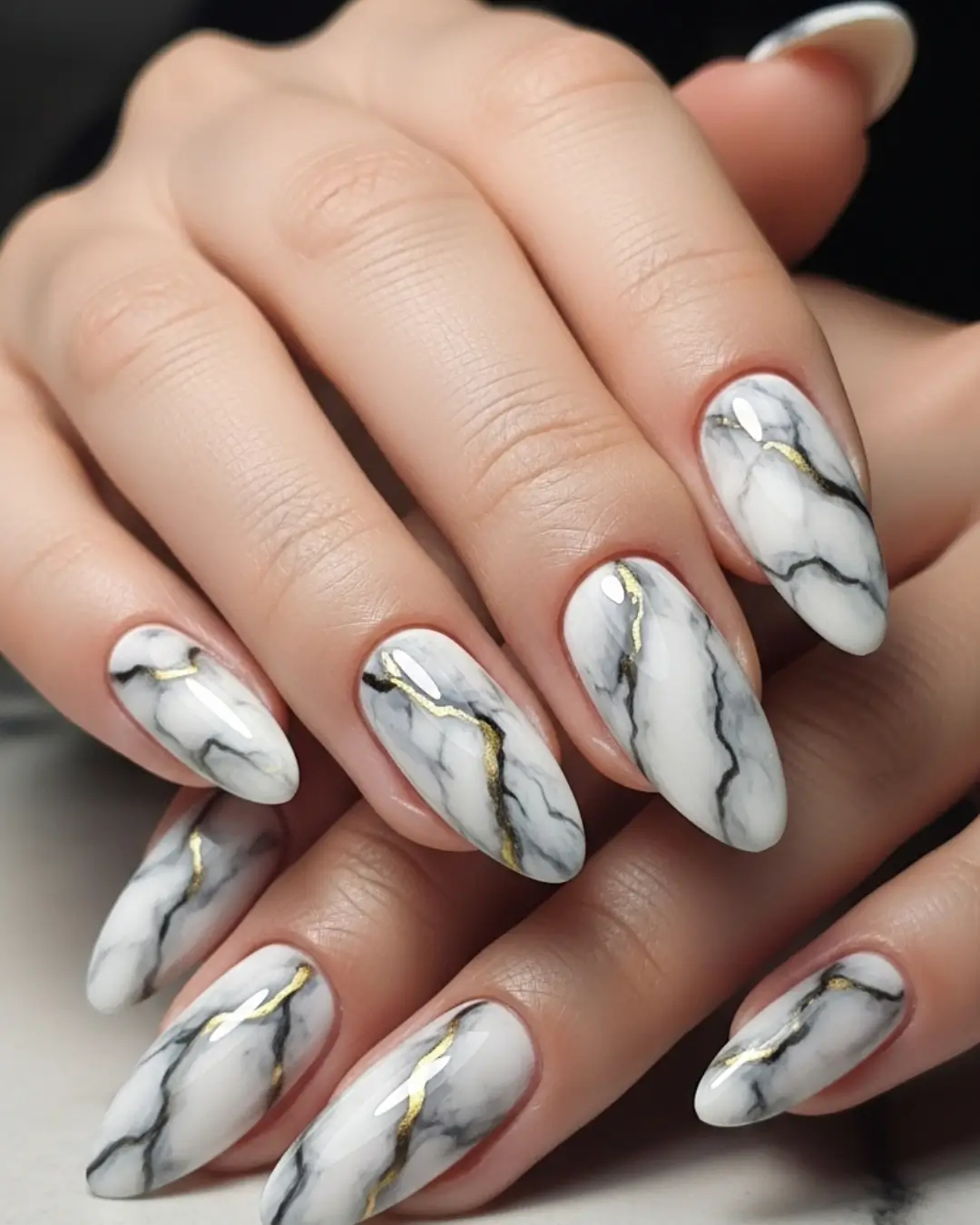 Marble Long Almond Nails