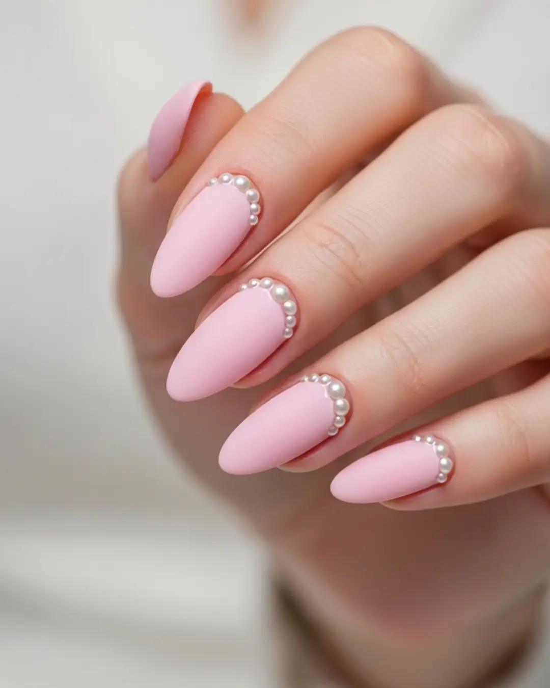 Pastel Pink Almond Nails with Pearls