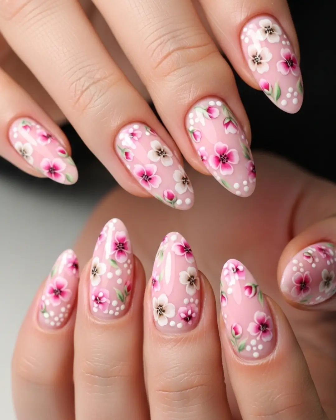 Pink Floral Almond Nails