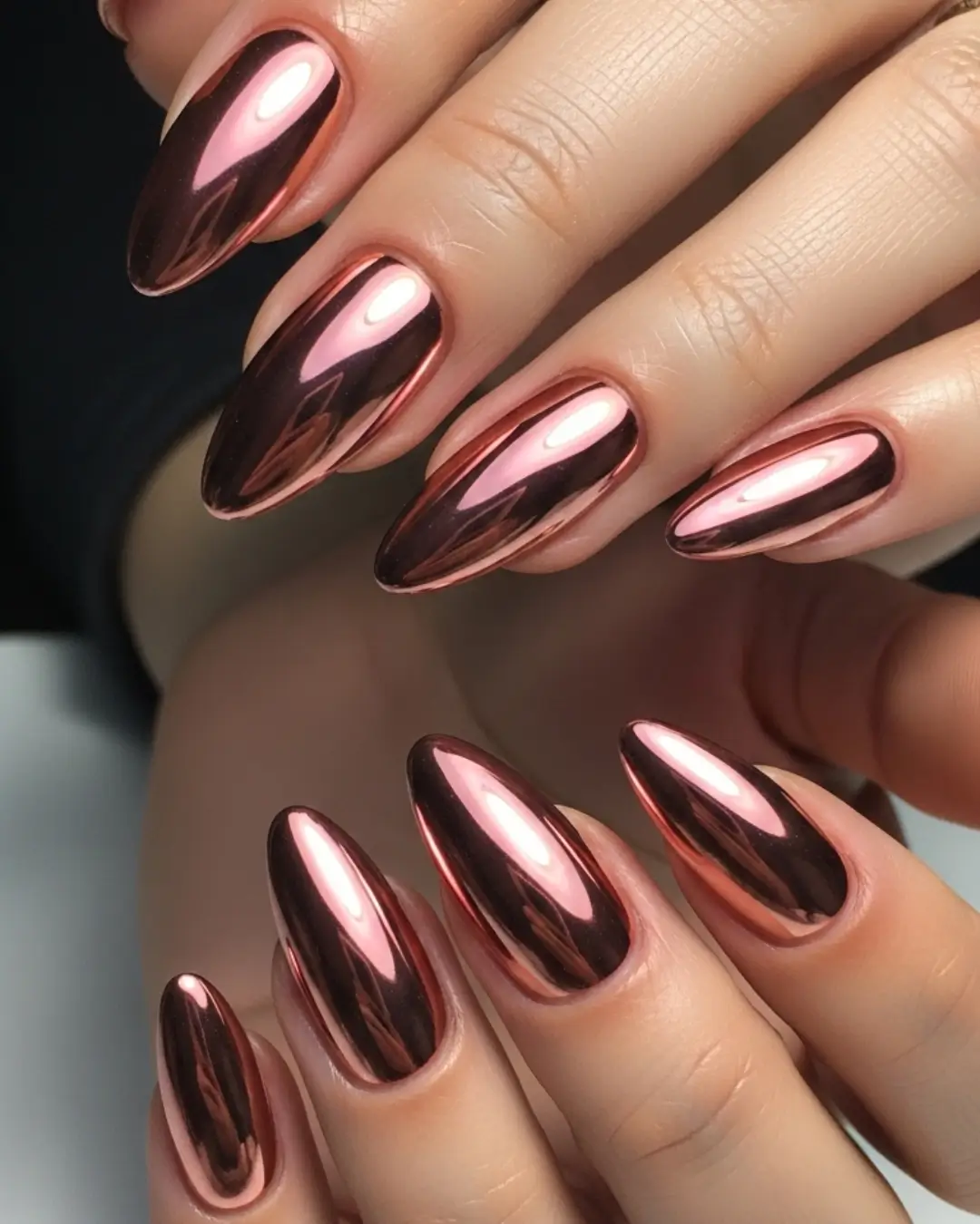 Rose Gold Chrome Almond Nails