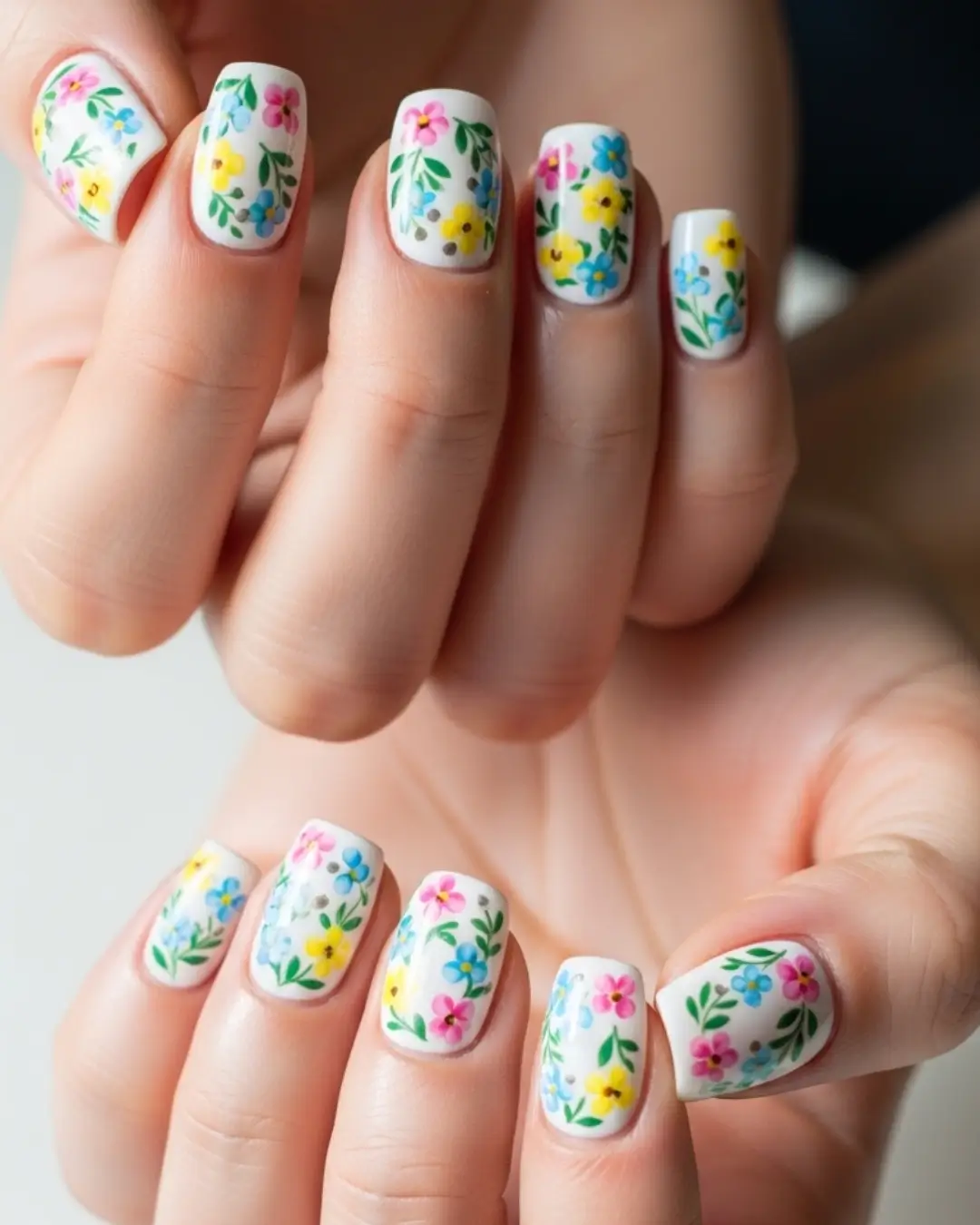White Nails with Floral Accents