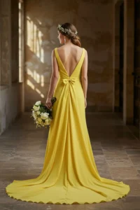 Bride Yellow Wedding Dress with Deep V Back