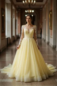 Butter Yellow Wedding Dress with Long Sleeves