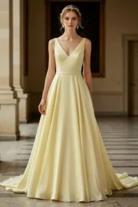 Light Yellow Silk Dress with V-Neckline