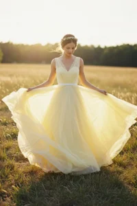 Light Yellow Wedding Dress with Flowing Tulle Skirt