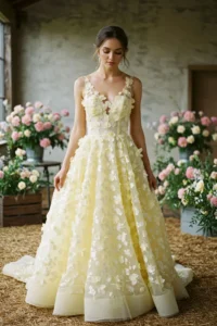 Pastel Yellow Wedding Dress with Floral Appliqués