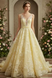 Pastel Yellow Wedding Dress with Floral Embroidery