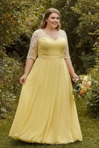 Plus Size Yellow Wedding Dress with Lace Overlay