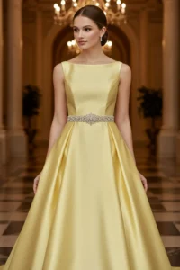 Satin Yellow Wedding Dress with Crystal Belt