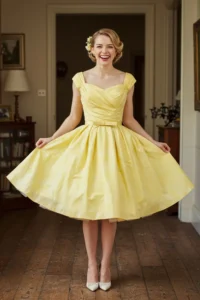 Vintage-Inspired Yellow Wedding Dress with Tea-Length Skirt