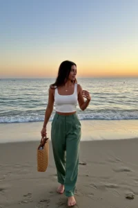 Comfy Beach Look with Breezy Green Pants