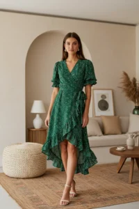 Elegant Green Wrap Dress for a Sophisticated Wedding Look