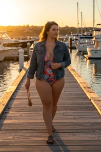 Denim Jacket Over a Tropical Swimsuit