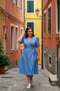 Sweet Blue Wrap Dress with Sneakers
