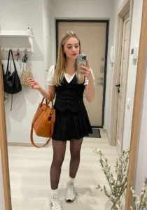 Black Vest + Pinstripe Skirt