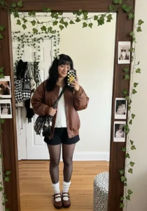 Brown Bomber Jacket + Black Shorts