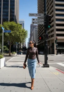 Brown Leather Jacket + Denim Skirt