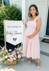 Casual Outdoor Maternity Shoot in Pink Gingham Dress