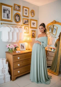 Cozy Maternity Photoshoot with Baby Clothes and Teddy Bear