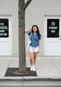 Denim Shirt + White Shorts