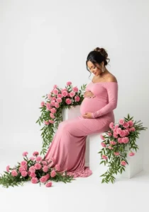 Maternity Photoshoot with Pink Flowers