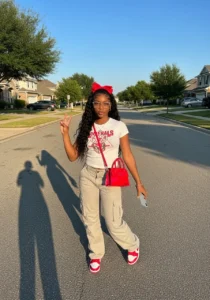 Red Accents with Cargo Pants