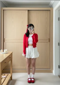 Red Cardigan + White Skirt