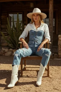 Sippin’ Style in Denim Layers and White Boots