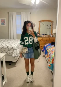 Sporty Vibes with a Green Jersey & Denim Skirt