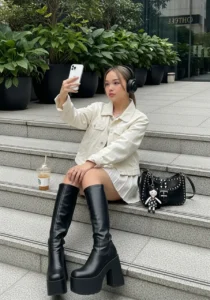 White Dress + Black Platform Boots